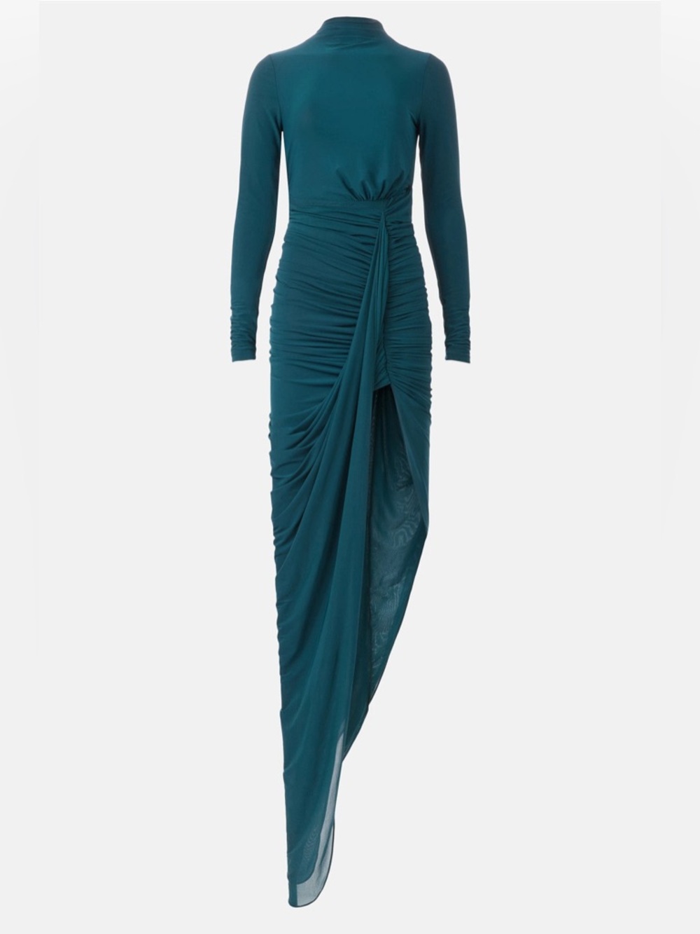 Ronny Kobo Collection Teal Long-Sleeve Ruched Asymmetric Gown